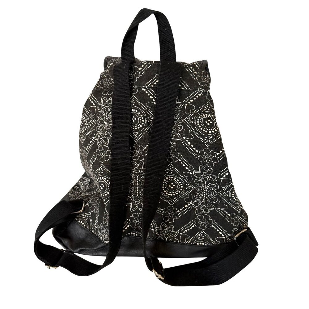 Candie's Canvas Drawstring Backpack Black Floral Dotted Purse Studded Accent - Picture 6 of 7